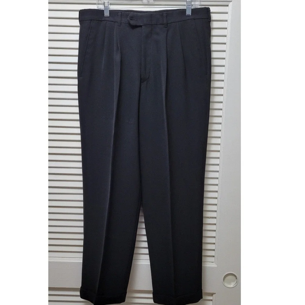 Haggars Q Mens Black Pleated Cuffed Dress Pants 36x29 Straight Leg Trouser
